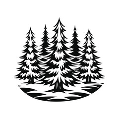 Obraz premium Black Silhouette of Tall Pine Trees with Foliage on a White Background, Nature Art