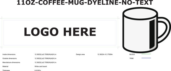 11oz coffee mug template dieline with bleed and trim marks for customization design