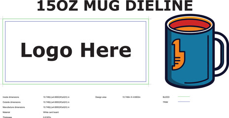 Fifteen ounce mug dieline template with dimensions for custom logo design