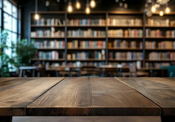 Dark Wooden Tabletop in Blurred Library Setting
