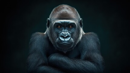 Powerful gorilla portrait, arms crossed, intense gaze