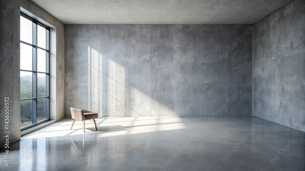 Poster serene minimalist room with a single chair, bathed in sunlight streaming through a large window