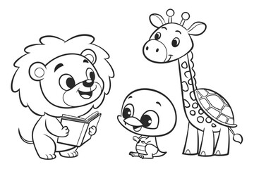80 Cute cartoon animals, black and white line drawing, smiling baby bear, friendly lion cub, adorable giraffe, happy turtle, children's book illustration style, simple outlines, expressive faces, play