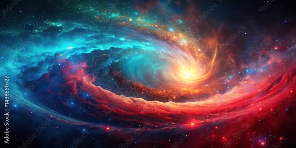 Poster cosmic swirl a vibrant nebula of red and teal hues in deep space