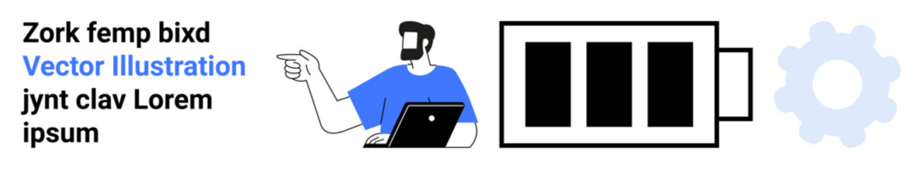 Man using laptop gestures toward progress bar icon and gear element, symbolizing productivity, solutions, development. Ideal for business, technology, updates, analysis, strategy flat landing page