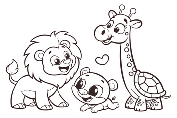 80 Cute cartoon animals, black and white line drawing, smiling baby bear, friendly lion cub, adorable giraffe, happy turtle, children's book illustration style, simple outlines, expressive faces, play