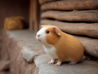 Fototapeta premium Guinea Pig Sitting by Wooden House 나무집 옆에 앉아 있는 기니피그