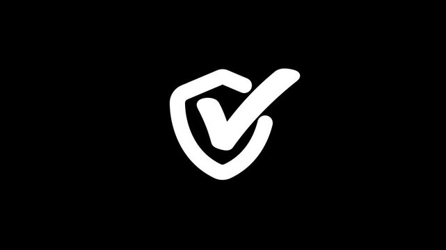 Minimalist Shield Logo with Check Mark Animation, symbolizing security and trust, The design is simple and modern, set against a black background