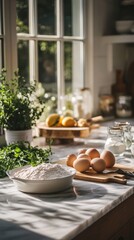 Sunlit kitchen counter with fresh ingredients, eggs, flour, plants, and utensils ready for baking.