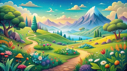 A Serene Landscape Featuring a Winding Path Through Lush Meadows, Rolling Hills, and a Majestic Mountain Range Underneath a Starlit Sky