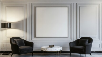 Elegant Modern Living Room Interior with Blank Canvas and Black Armchairs