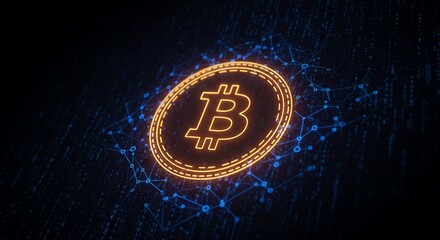 Glowing bitcoin symbol surrounded by a blue network on a dark background illustration art
