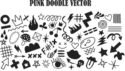 Punk doodle hand drawn flat vector. Grunge grafitti with rock heart star fire arrow skull. hand drawn icon tattoo. Scribble marker art. Line, shape punk doodle grafitti with rock music element. chalk