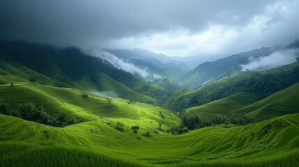 Lush green terraced rice paddies nestled in a valley
