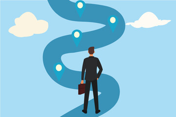 Success roadmap journey, milestone or career path achievement, route or pathway to achieve goals, accomplishment, assessment or way to success, businessman look at achievement milestone to success.