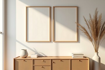 Minimalist Interior Decor with Two Framed Mockups, Vase, and Cabinet in a Sunny Room; Perfect for Artwork Displays.                                   