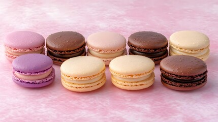 Fototapeta premium Soft Pink Background with Assorted Macarons on Display