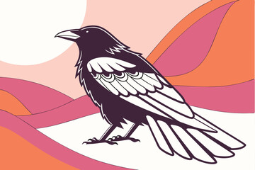81 Black crow, white wings, minimalist design, 3D render, smooth textures, gradient background, pink to orange, stylized bird, artistic interpretation, contrast, sleek aesthetic, modern illustration, 