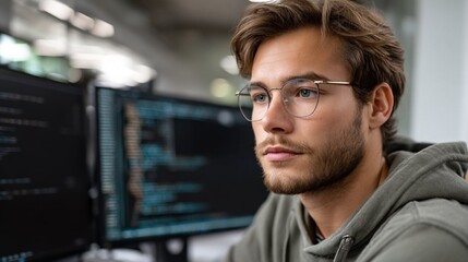 Fototapeta premium Focused Programmer Concentrated Software Developer at Work