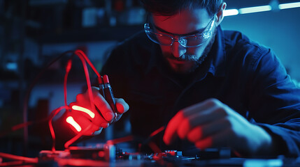 Technician Soldering Electronics in a Dark Workshop