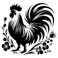 Black and white silhouette of a rooster and flowers on a white isolated background. Vector graphics. EPS.