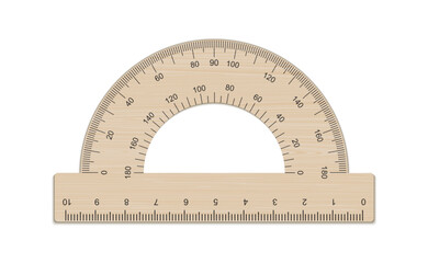 Vector mockup wooden protractor ruler. Measuring tool with ruler scale. School measuring equipment
