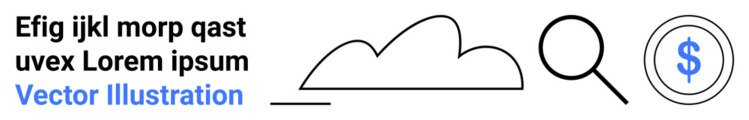 Cloud icon, magnifying glass, and dollar icon for data analysis, search, storage, finance. Ideal for technology, business, analytics e-commerce cloud computing finance simple landing page