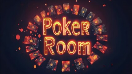 Glowing Retro Neon Light Illustration of Poker Room with Cards
