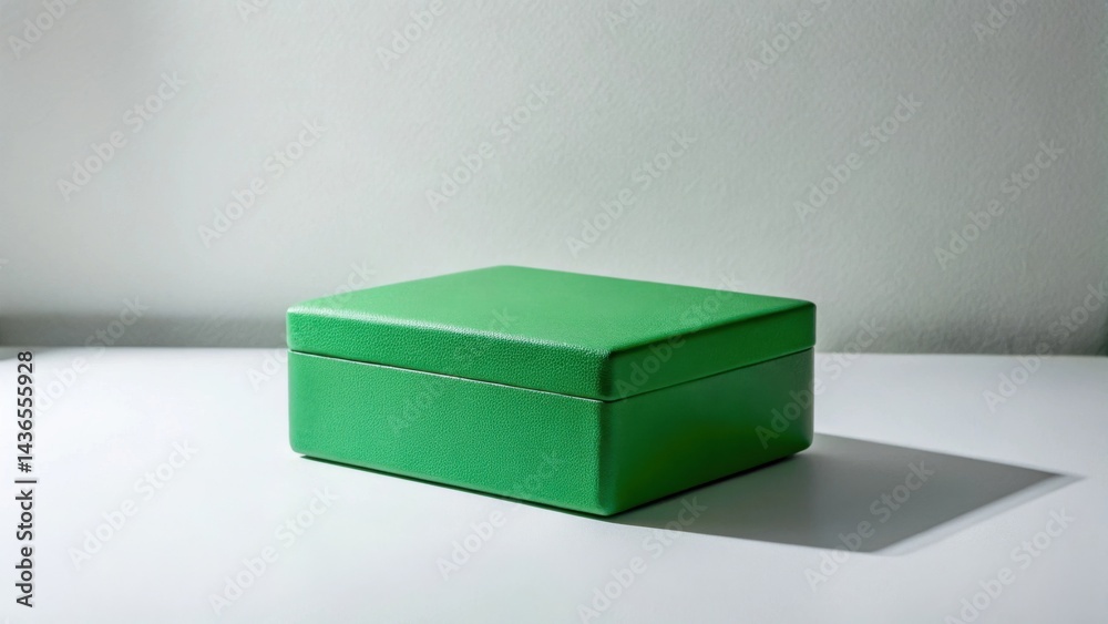 Poster A vibrant green rectangular box rests on a pristine white surface, casting a subtle shadow, ideal for product presentation or minimalist design concepts.