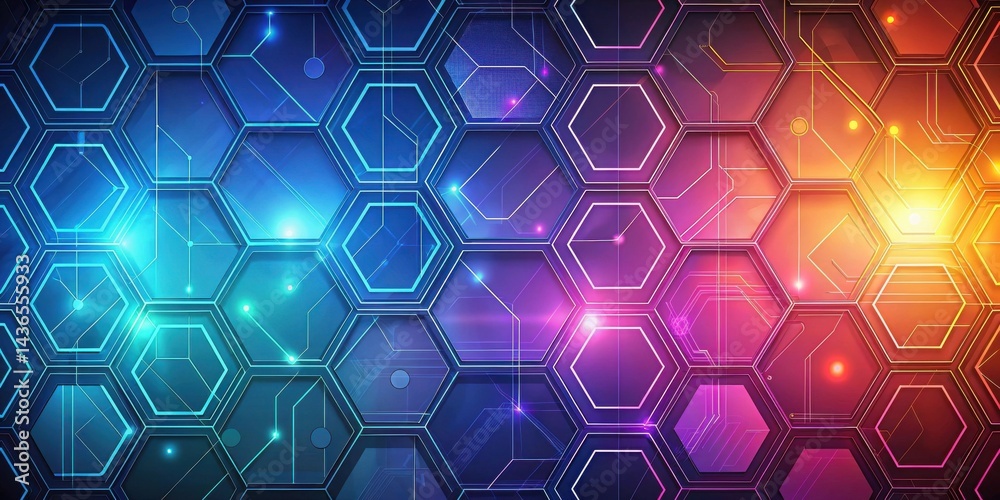 Poster Abstract Hexagon Network Illuminated Geometric Pattern with Vibrant Hues and Circuitry Design