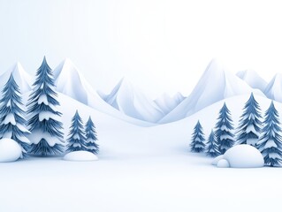 Snowy mountain landscape with stylized evergreens. Serene winter scene. Minimalist 3D render