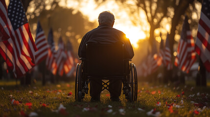 Old Man Veteran in a Wheelchair in a cemetery filled with American Flags. Memorial Day Background