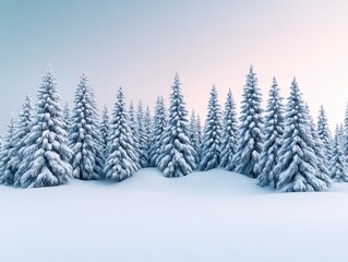 Naklejka premium Snow-covered evergreen forest at sunrise, serene winter landscape