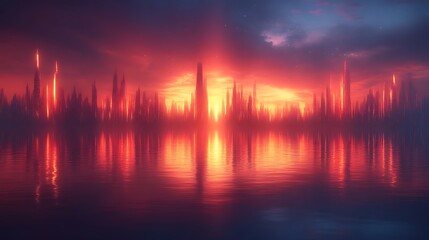 Futuristic City Skyline at Sunset Reflecting on Calm Water