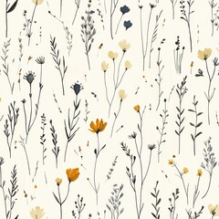 Dainty wildflowers and slender stems create a subtle, cream-toned botanical background.