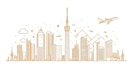 Obraz premium Golden Brown City Skyline Illustration with Airplane
