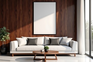 Contemporary Living Room Interior: White Sofa, Dark Wood Paneling, Blank Art Frame, Round Coffee Table, Potted Plant, Natural Light by Window, Minimalist Design
