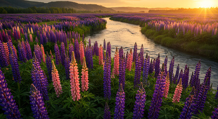 Golden Hour Glow Over A Lupinus Field By A River