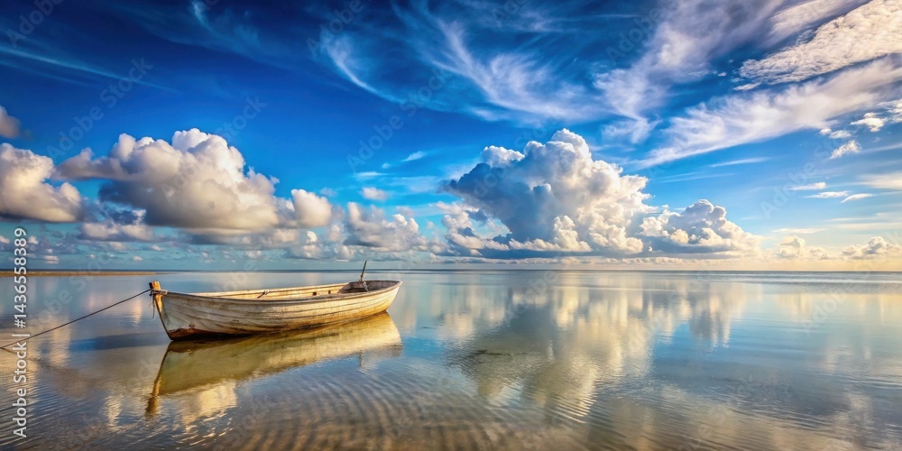 Poster serene coastal scene a single rowboat at rest on calm waters under a majestic sky filled with fluffy