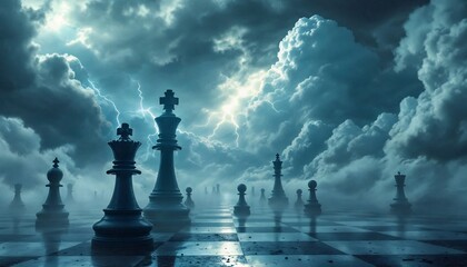Chess pieces amid a storm: A dramatic, stylized visual of oversized chess pieces stands on a chessboard during a turbulent storm, representing strategic thinking and complexity
