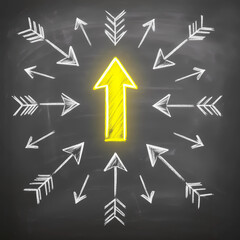 Yellow Arrow Stands Out on Chalkboard - Leadership Concept