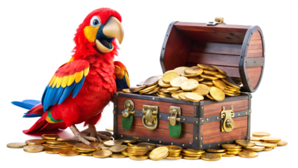 Red pirate parrot guarding treasure chest filled with gold coin isolated on white background PNG