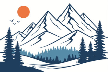 85 Minimalist mountain landscape, stylized geometric shapes, snow-capped peaks, bright orange sun, evergreen trees, blue hills, white background, clean lines, 3D paper-cut effect, vibrant colors, simp