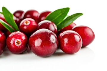 A pile of cranberries with a few green leaves on a white background