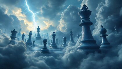 Strategic Showdown: A majestic chess set, shrouded in ethereal clouds under a dramatic sky, embodies the essence of strategy, intellect, and competition in this captivating image.