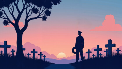 Fototapeta premium Soldier standing guard by gravestones at twilight, remembrance and honor 