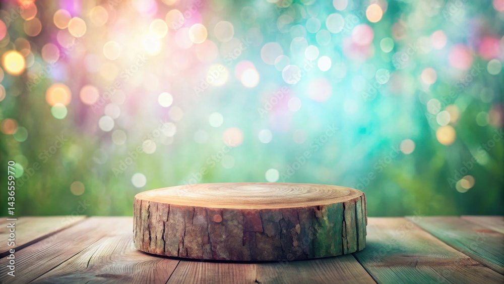 Poster Rustic Wooden Tree Stump Display on Wooden Table Against a Dreamy, Bokeh Background Perfect for Product Placement or Presentation