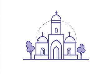 Simple line art illustration of a church with trees.