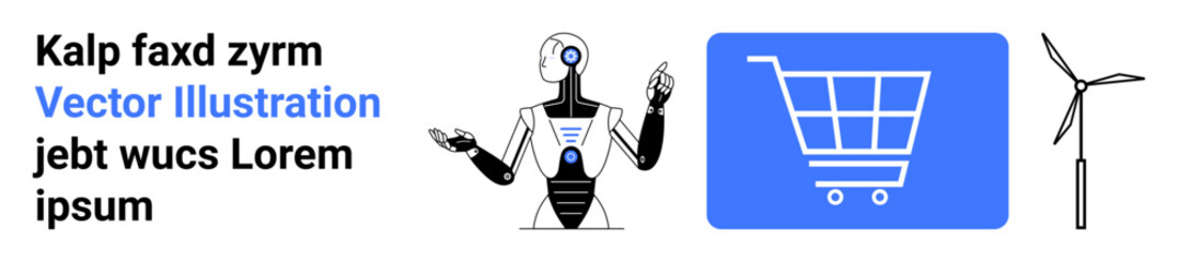 AI robot gesturing, a shopping cart on a blue background, and a single wind turbine. Ideal for technology, e-commerce, sustainability, renewable energy, innovation, clean power simple landing page
