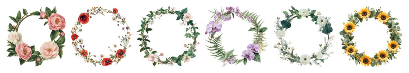 PNG Floral wreaths for decorative designs, element set on transparent background